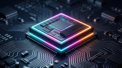 Futuristic computer processor with neon lighting on a circuit board
