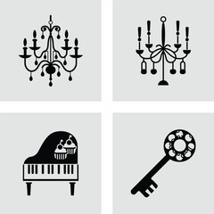 Set of elegant black silhouette icons featuring a chandelier piano with cupcakes and a vintage key vector illustration