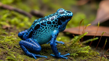 Vibrant Blue Poison Dart Frog in Lush Green Mossy Forest.