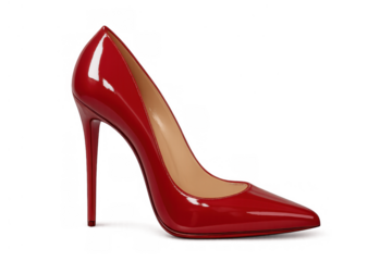 Red patent leather high heel pump shoe showcasing luxury fashion, elegance, and glamor, with a transparent background