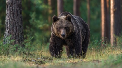 Fototapeta premium Bear Walks Through Pine Forest Clearing Representing Protection and Motherhood in Slavic Traditions During Daylight Hours