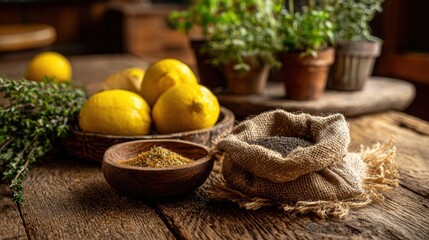 Fresh lemons and aromatic herbs surround a bowl of colorful spices on a rustic wooden table.