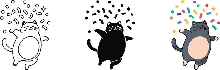 Joyful cartoon cats celebrate with colorful confetti, featuring line art, silhouette, and colored versions, perfect for party, birthday, and festive designs. Vector