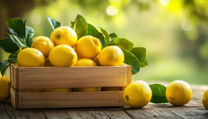 Fresh juicy lemons and crate on wooden table against blurred green background