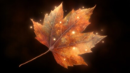 Magical autumn leaf glowing with warm light on a dark background