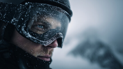 Snowy skier portrait in goggles with blurred mountain backdrop, gritty winter sports determination