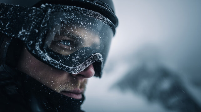 Snowy skier portrait in goggles with blurred mountain backdrop, gritty winter sports determination - Powered by Adobe