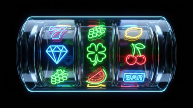 Neon slot machine with glowing symbols against a black background
