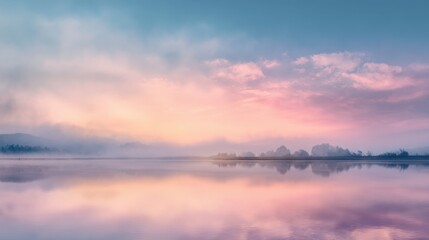 Fototapeta premium Calm waters reflect soft pastel colors as the morning mist embraces the landscape.