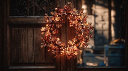 Elegant fall wreath with glowing lights on classic wooden front door