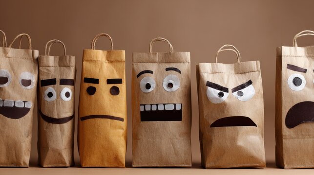 Disguised Characters Show a Range of Emotions Like Happy, Puzzled, Upset, and Angry With Brown Bags on Their Heads in a Simple Setting