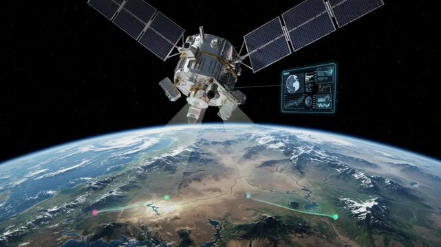 Medium shot of satellite capturing detailed images of varied terrain for environmental monitoring and data analysis.
