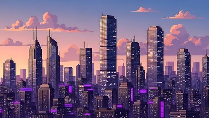 Vibrant pixel art city skyline at twilight, featuring modern skyscrapers and glowing purple accents