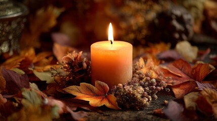 Warm candle burning surrounded by autumn leaves in cozy setting