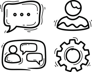 A set of four hand-drawn doodle icons on a single image a wobbly speech bubble with dots a crooked user avatar a rough group chat outline and an imperfect user settings gear