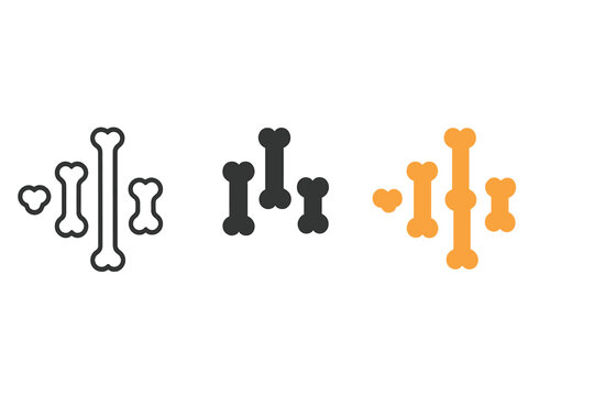 Bone Frequency Icons. three minimal vector icons of bone fragments arranged like sound frequencies in motion, line outline style,