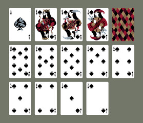 Playing cards of the suit of spades and back design in a minimalist flat style. Vector illustration