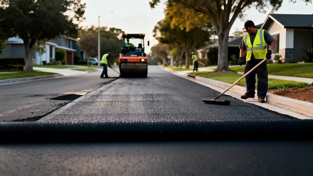 Closeup medium shot of rubberized pavement being laid down on a quiet neighborhood road emphasizing sustainable and noisereducing surface alternatives.