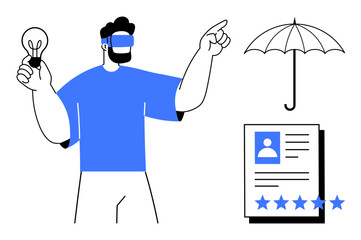 Man wearing virtual reality headset holding lightbulb, pointing at umbrella and star rating document. Ideal for VR technology, innovation, creative thinking, security, insurance, rating systems