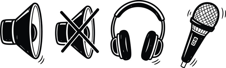 A set of four hand-drawn doodle icons on a single image a wobbly volume speaker a crooked mute speaker a rough headphone set and an imperfect microphone