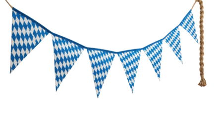 ultra-detailed bavarian pennant flag garland (blue/white lozenge pattern, textured canvas) suspended on hemp rope against a transparent background with copy space. oktoberfest folk festival atmosphere