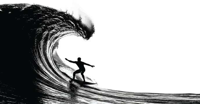 Dramatic black and silhouette of a surfer riding a massive, curling ocean wave against a stark