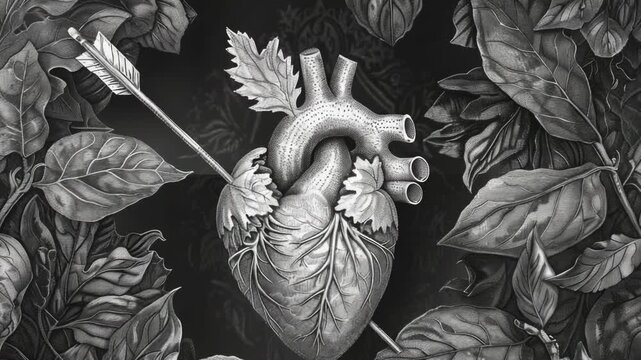 Video A drawing of a human heart surrounded by green leaves quality footage