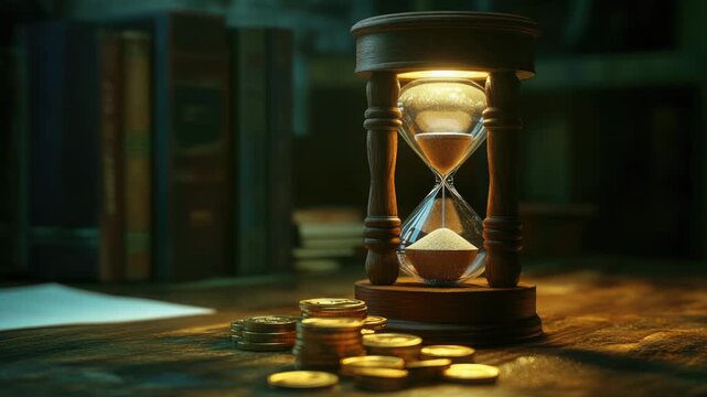 Video An hourglass sitting on a wooden table, with sand flowing from top to bottom quality footage