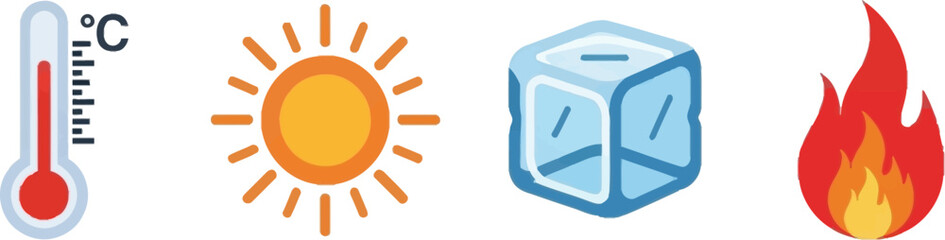 Flat Temperature Icons Thermometer Sun Ice Cube Fire Flame