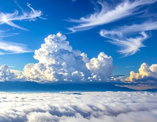 Vast blue sky filled with fluffy white clouds, reaching horizon