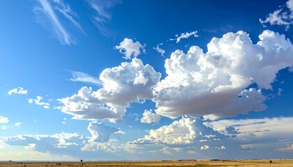 Vast expanse of a blue sky dotted with fluffy white clouds over terrain