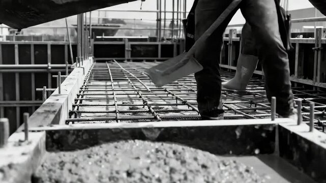 Closeup medium shot of fiberreinforced concrete being poured into a foundation mold emphasizing durability and modern construction techniques.