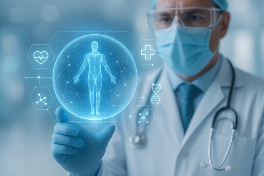 Doctor in protective mask and gloves interacting with holographic human body and medical icons representing digital diagnostics and personalized healthcare - Powered by Adobe