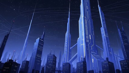 Neon Blue Futuristic Cityscape at Night with Digital Grid and Modern Skyscrapers
