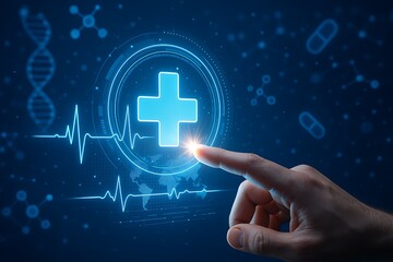 Futuristic digital healthcare interface with human hand touching glowing medical cross icon representing online medical services, emergency assistance and modern health technology.