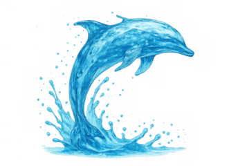 Blue dolphin creating water splashes, jumping from the ocean. Transparent background illustration of marine life