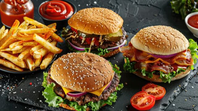 Video A plate of three burgers and french fries served on a modern slate board quality footage