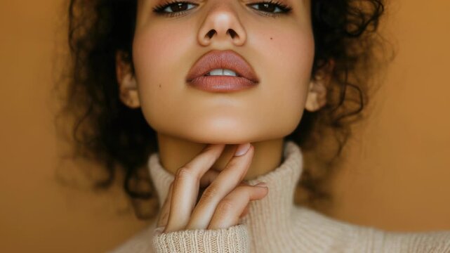 Video A close-up shot of a woman wearing a turtle neck sweater, ideal for portraits, fashion or lifestyle compositions