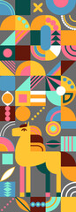 Naklejka premium 2026 Chinese Lunar New Year horse geometric design. Abstract colorful shapes background, pattern. Flat vector illustration. Retro holiday card, banner, poster, decor element.