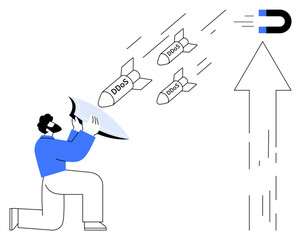 Cybersecurity, network protection, DDOS mitigation, internet safety, data defense, security awareness. A man uses a shield to block cyber threats labeled DDOS. Cybersecurity and network protection