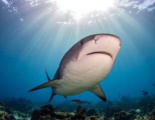 Underwater shot of a shark swimming towards the camera