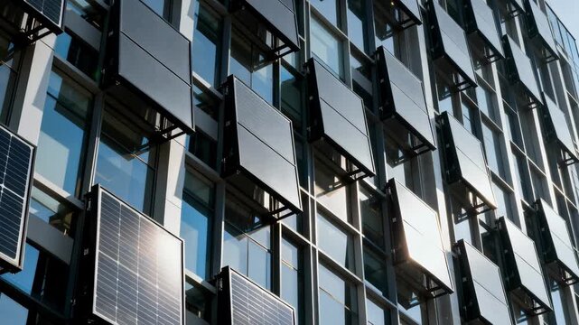 Medium frame capturing vertical solar modules arranged artistically on highrise exterior walls showcasing the blend of aesthetics and renewable energy technology.