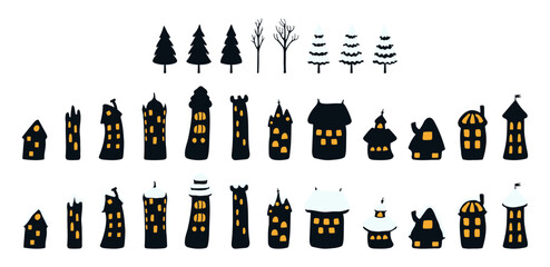 Houses covered with snow, winter trees isolated collection. Hand drawn flat vector illustration. Traditional Christmas, New Year, winter, seasonal design element, holiday clip art set
