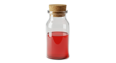 Red liquid in a clear glass bottle with a natural cork stopper, isolated on a Transparent Background