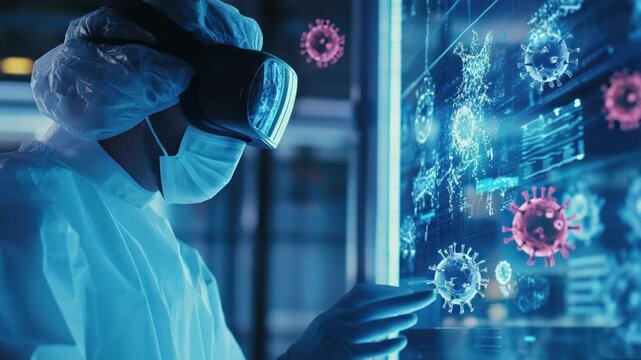 Video A scientist analyzing data on a computer monitor, wearing protective gear and lab coat - Powered by Adobe