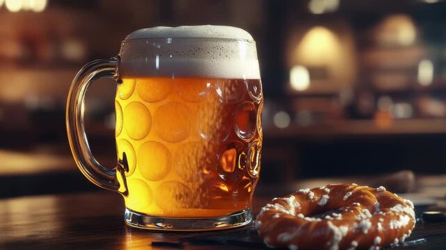 Video A mug of beer and a donut placed on a table, perfect for a cozy moment quality footage