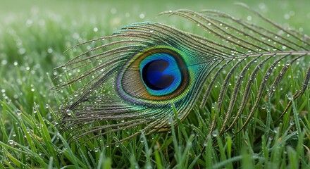 Obraz premium Peacock feather on grass with dew drops close up.