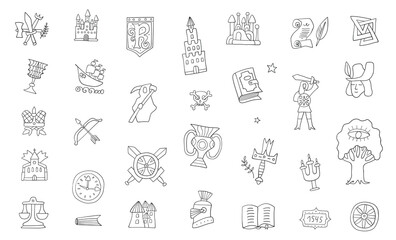 History doodles hand drawn objects and characters for kids education , isolated vector elements

