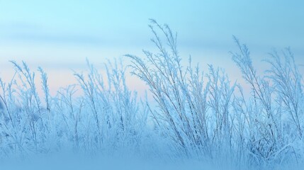 Frost coats the delicate grass blades in a winter landscape, capturing the soft light of dawn. The cold morning brings a serene and magical atmosphere to the scene.