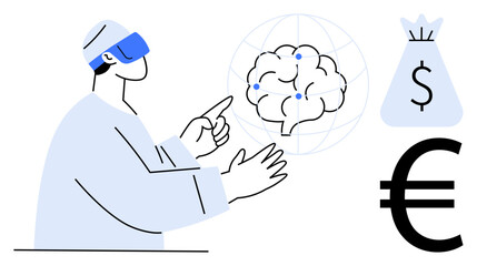 Person in VR headset interacting with AI brain network, highlighting euro currency and financial themes. Ideal for AI innovation, technology, fintech, virtual reality, neuroscience, education